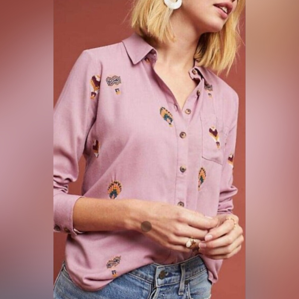 Anthropologie embroidered hot air balloon pink top Size S 6 made in India